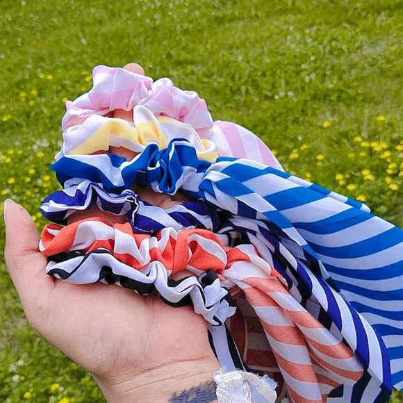 6 pc Hair Scrunchies  Hair Scarf Chiffon Dot Stripe Floral Elastic Hair Ban - Picture 1 of 2